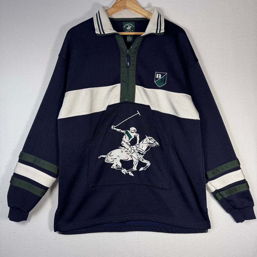 Vintage BEVERLY HILLS POLO CLUB Mens Collared Pony Patch Pullover Equestrian XL